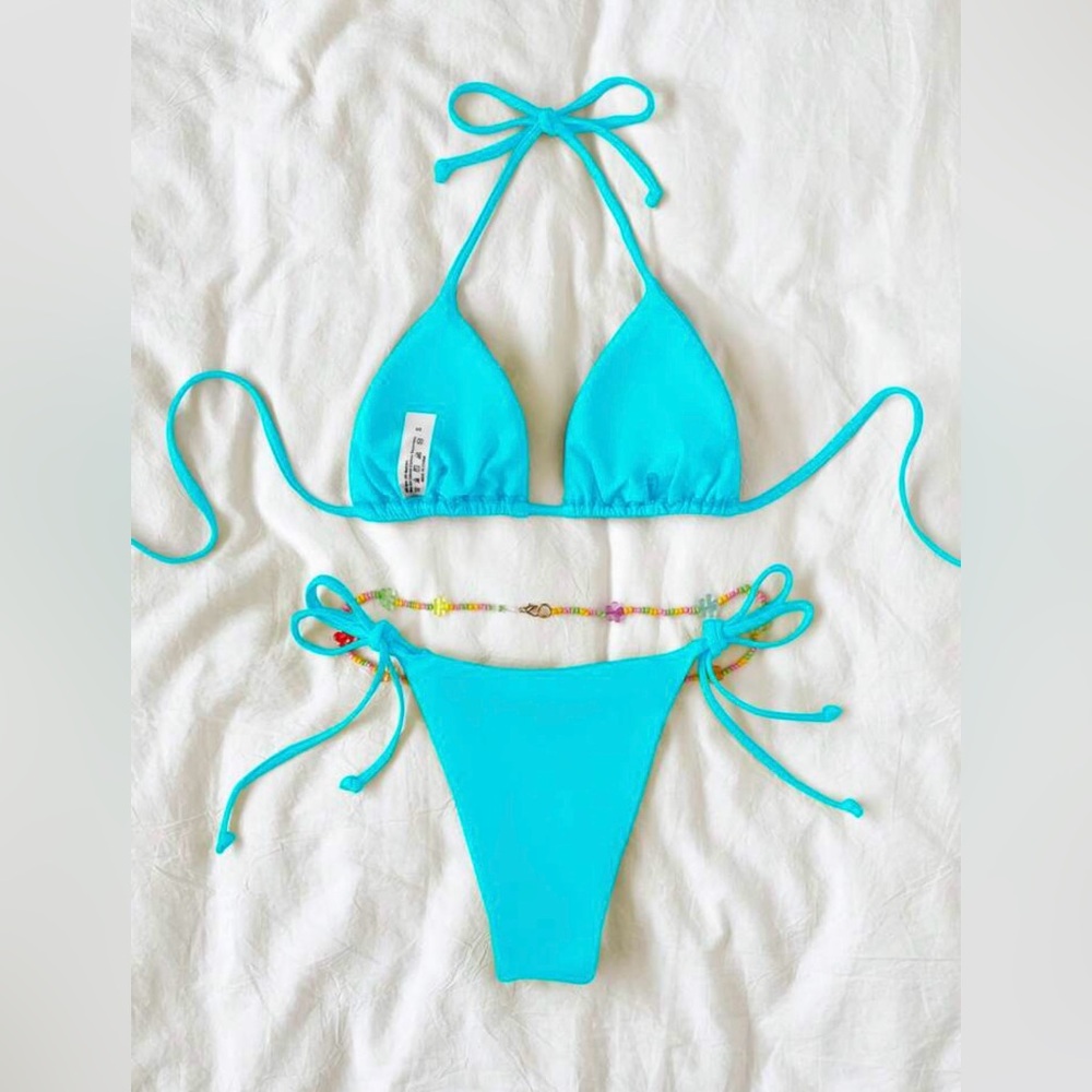 SHEIN • Womens Vibrant Blue Tie Back Top Tie Side Bottom Beaded Belt Bikini Set - Picture 5 of 5